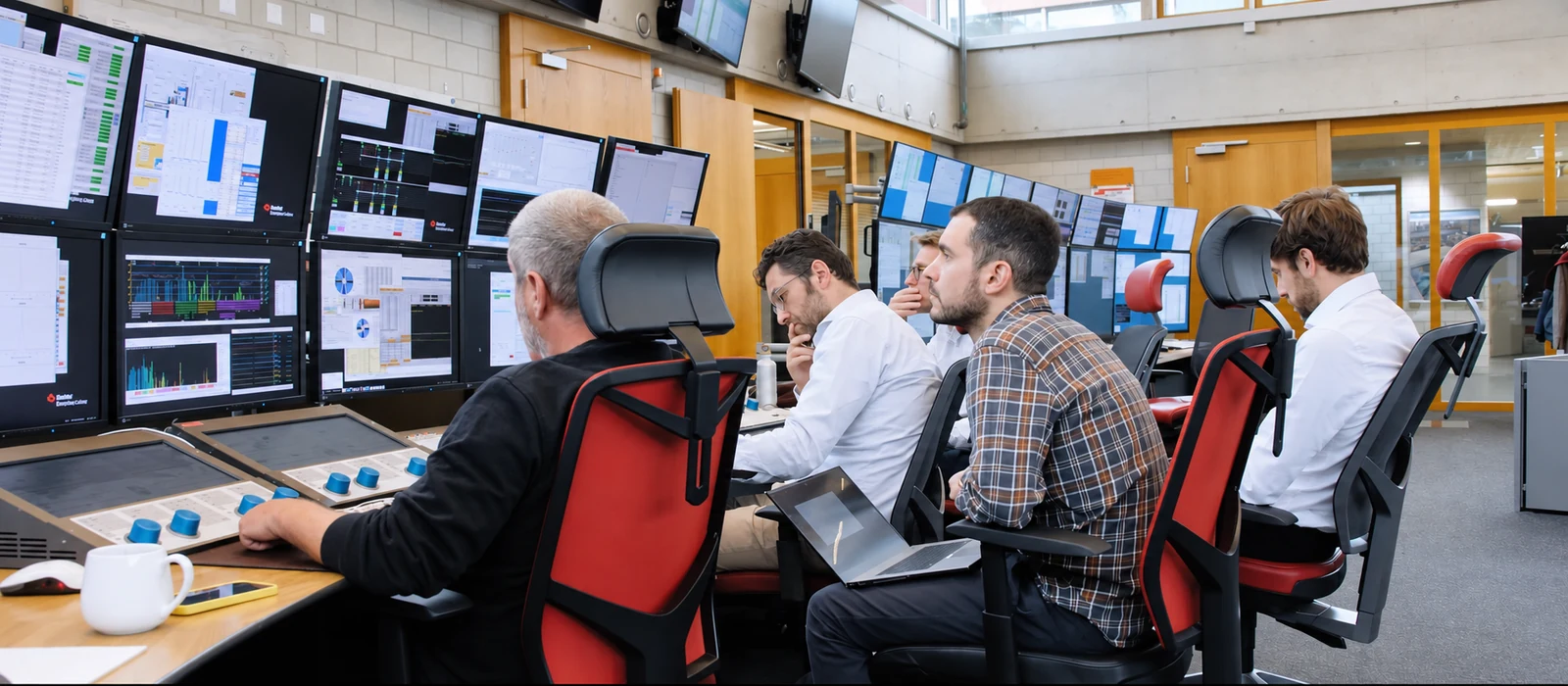 Colleagues working together at a multi-monitor control-room console.