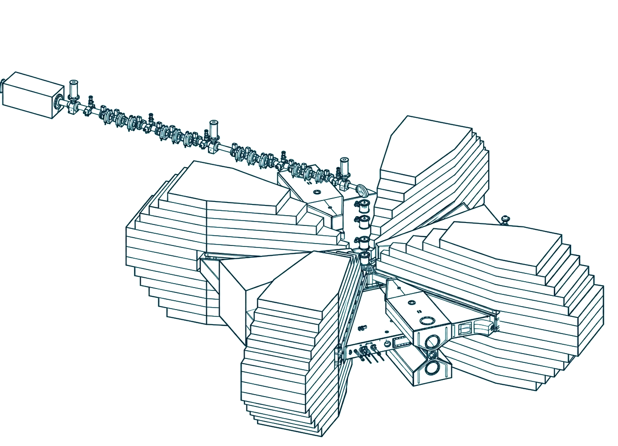 Supplied HI-BEAM concept rendering, shown in full, including the complete cyclotron and connected beamline.